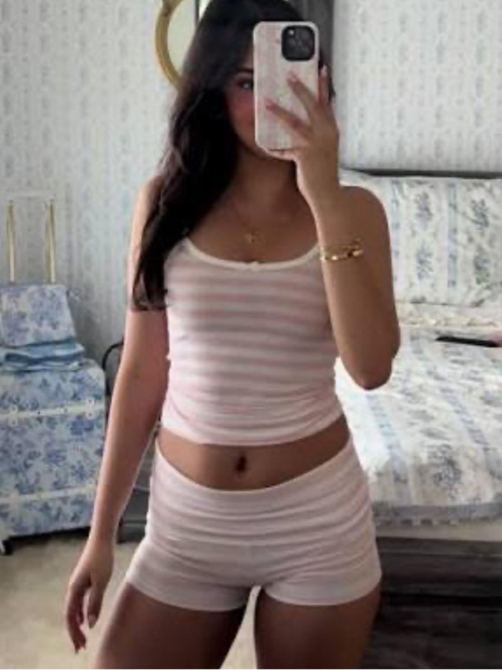 Pink & White Striped Tank Top and Shorts Set